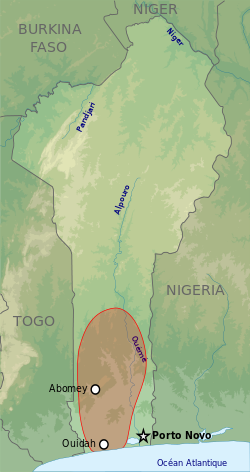Rozloha Dahomejské říše odpovídající situaci v roce 1894.