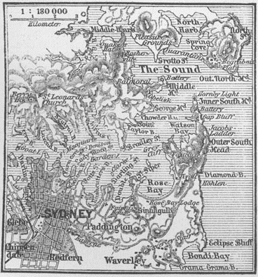Historická mapa Sydney, jednoho z rivalů o metropoli nového státu.