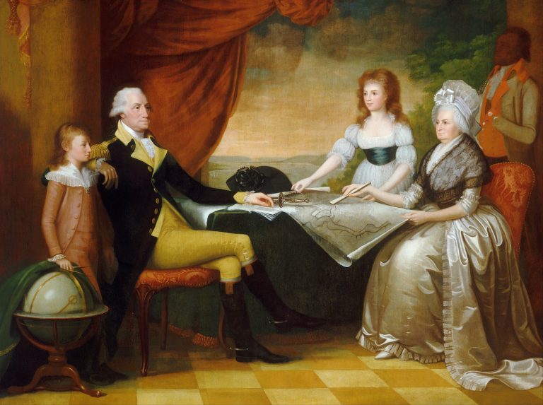 Prezident s chotí a jejími dvěma vnoučaty. Vpravo stojí služebník-otrok.