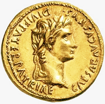 Zlaťák císaře Augusta. Římská měna ale bohužel velkému znehodnocení.