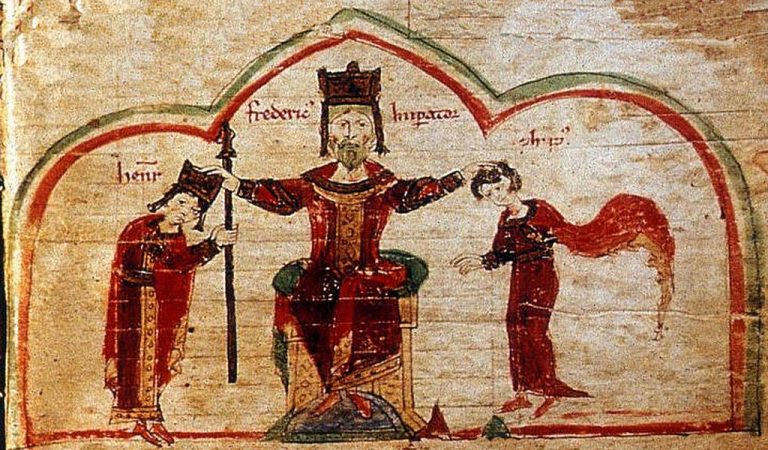 Římský císař Fridrich I. Barbarossa se svými dvěma syny Jindřichem a Filipem. Mladší Filip zdědí korunu až po smrti staršího bratra.