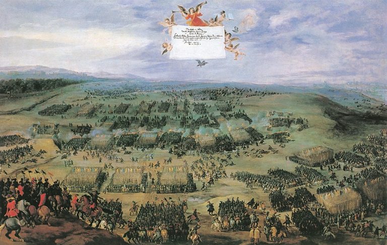 Znázornění bitvy na Bílé hoře z roku 1667 tuto bojůvku značně idealizuje.