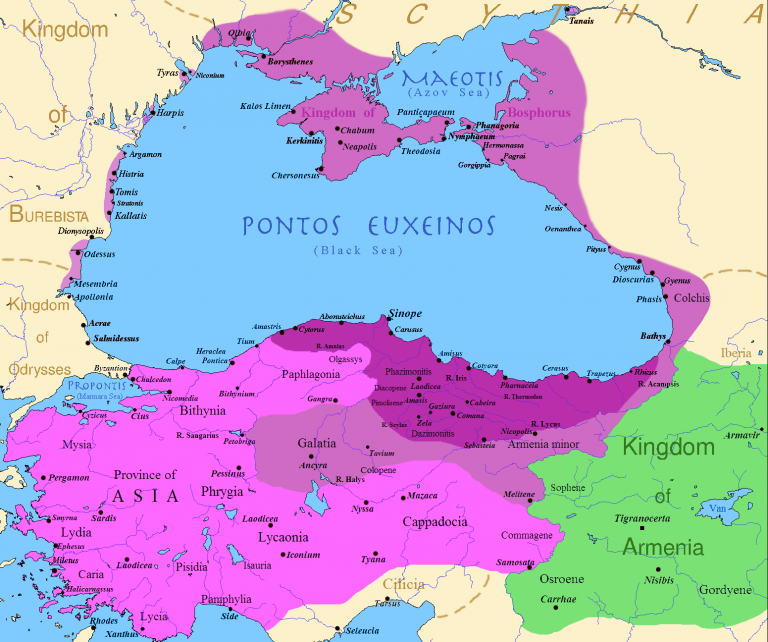 Tmavě fialová označuje území na začátku Mithridatovy vlády, zbytek fialové jím dobytá území.