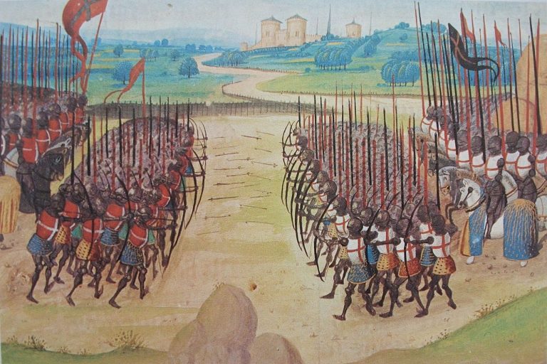Boje v průběhu stoleté války přinesou významný pokles evropského obchodu. Na obr. bitva u Azincourtu.