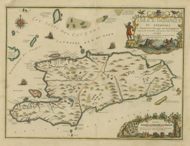 Ostrov Hispaniola na mapě z první poloviny 18. století. V té bylo již bylo prozkoumání pobřeží i vnitrozemí.