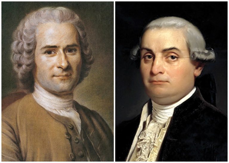 Jean-Jacques Rousseau (vlevo) a Cesare Beccaria měli velký vliv na Robespierrovy názory.