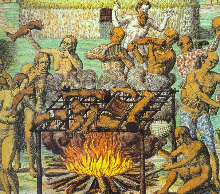 Na ohništi se připravuje pečínka z lidského masa. Brzy bude hostina.