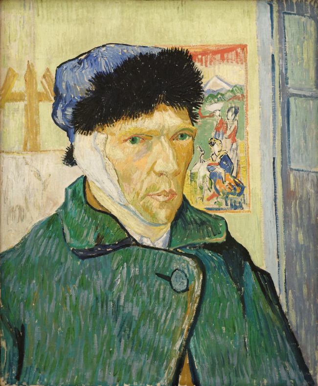 Autoportrét maloval Vincent van Gogh s použitím zrcadla. Ovázané ucho je ve skutečnosti levé.