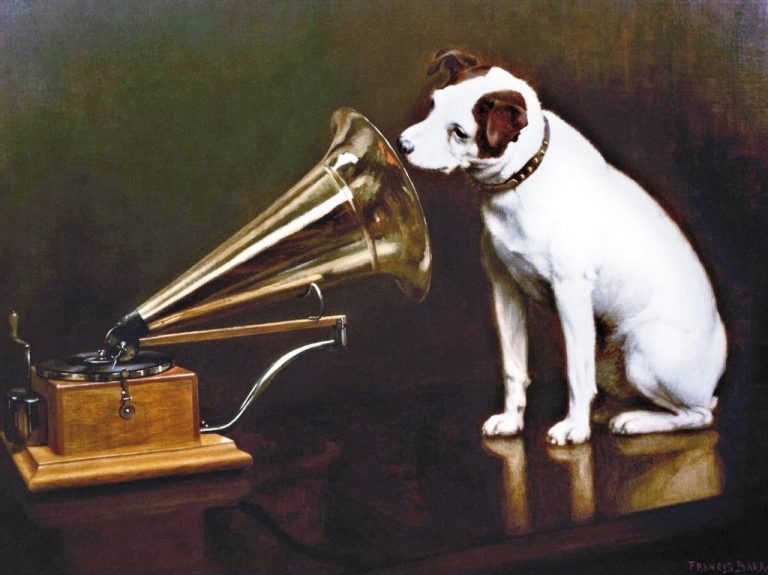 Emilův pes naslouchající u gramofonu se stane symbolem nového hudebního nosiče - gramodesky.