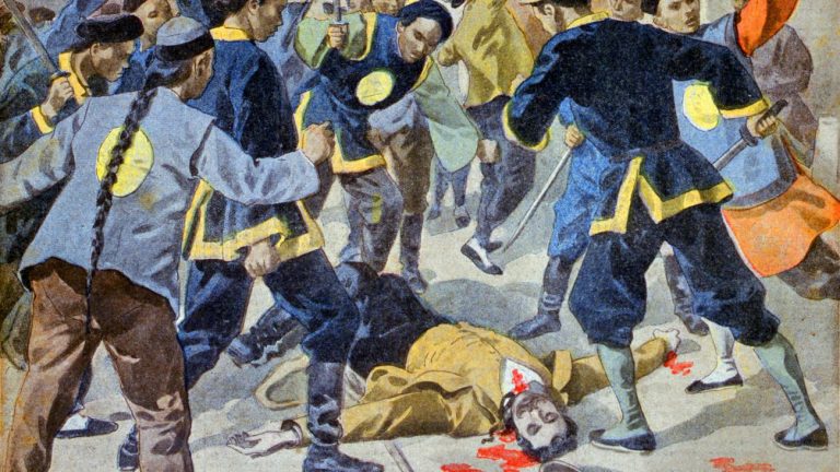 Ilustrace zabití německého diplomata von Kettelera, které rozzuří nejednoho Němce.