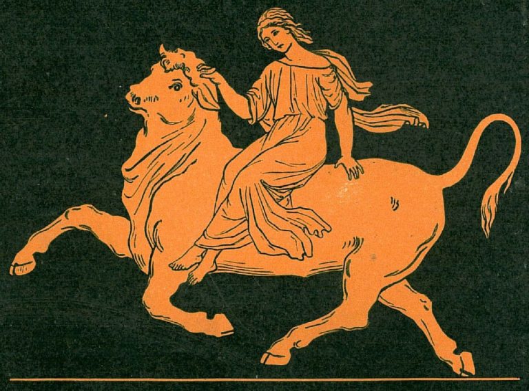 Bílý býk, skrytý bůh Zeus, dopluje s Europou až na Krétu. Mají pak spolu tři děti.