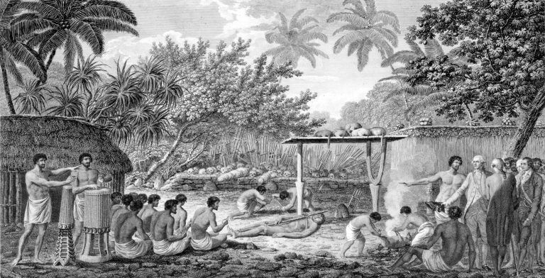 James Cook přihlíží obětním rituálům na Tahiti. Objevitel se snažil domorodé kultury hlouběji poznat a pochopit.