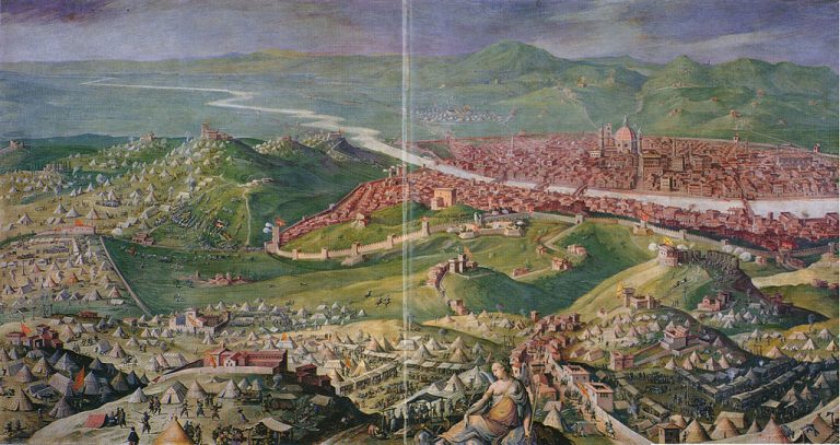 Florencie v roce 1530, krátce po té, co se tu přetahují o Kateřinu Medicejskou.