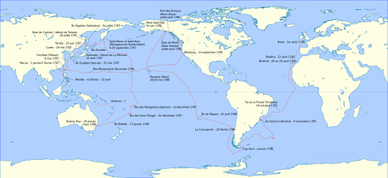 Mapa La Pérousovy výpravy. Indický oceán během expedice vynechá.