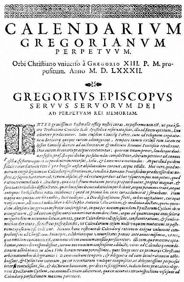Bula Inter gravissimas, kterou papež reformoval juliánský kalendář.