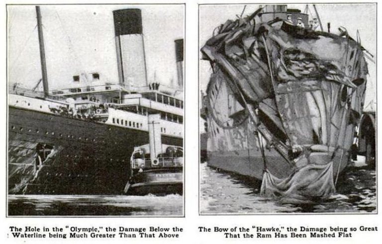 Následky srážky parníku RMS Olympic s válečným křižníkem Hawke.