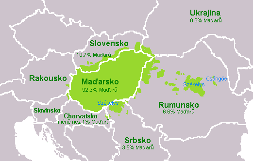 Izolovaný jazyk. Mapa rozšíření maďarštiny ve východoevropském regionu.