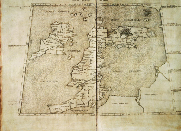 Mapka britských ostrovů od starověkého kartografa Ptolemaia