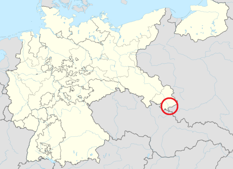 Gliwice na mapě Evropy. Místo se nachází poblíž česko-slovenských hranic.