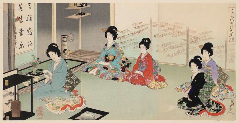 Když umění ikebany prosákne mezi vrstvy prostého obyvatelstva, stane se součástí oblíbeného čajového obřadu čanoju.