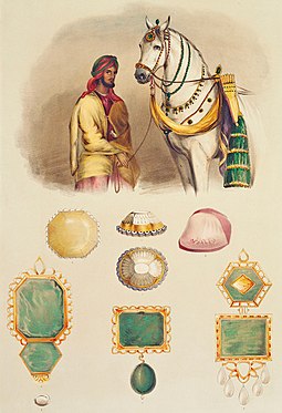 Maharádža Ranji Singha se rozhodne cenný klenot (nahoře uprostřed) darovat britské panovnici.