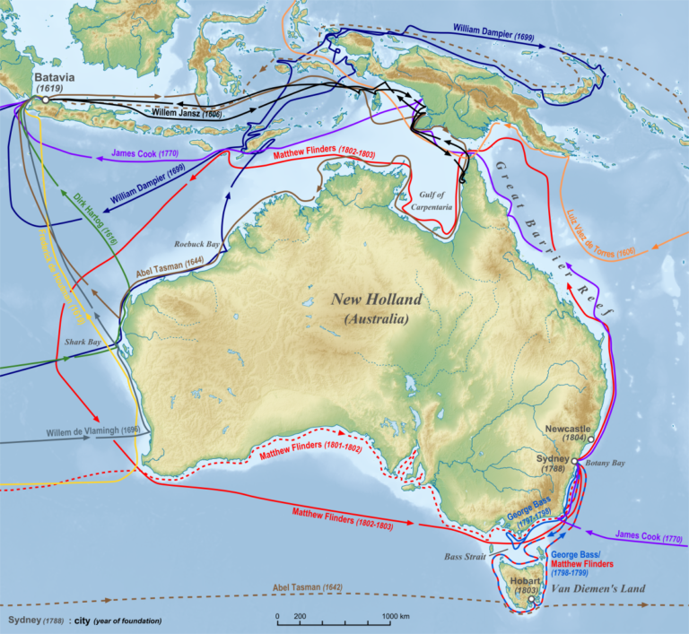 Mapa cest námořníků kolem Terra Australis.