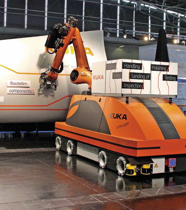 Mobilní robot KUKA pomáhá sestrojit obrovské stroje Airbusu.