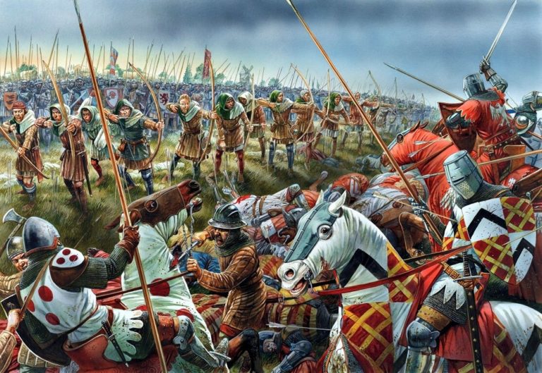 Rytířstvo francouzské strany vyjíždí vstříc anglickým vojskům v bitvě u Kresčaku.