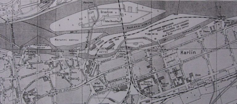 Mapa Vltavy u Karlína kolem roku 1910