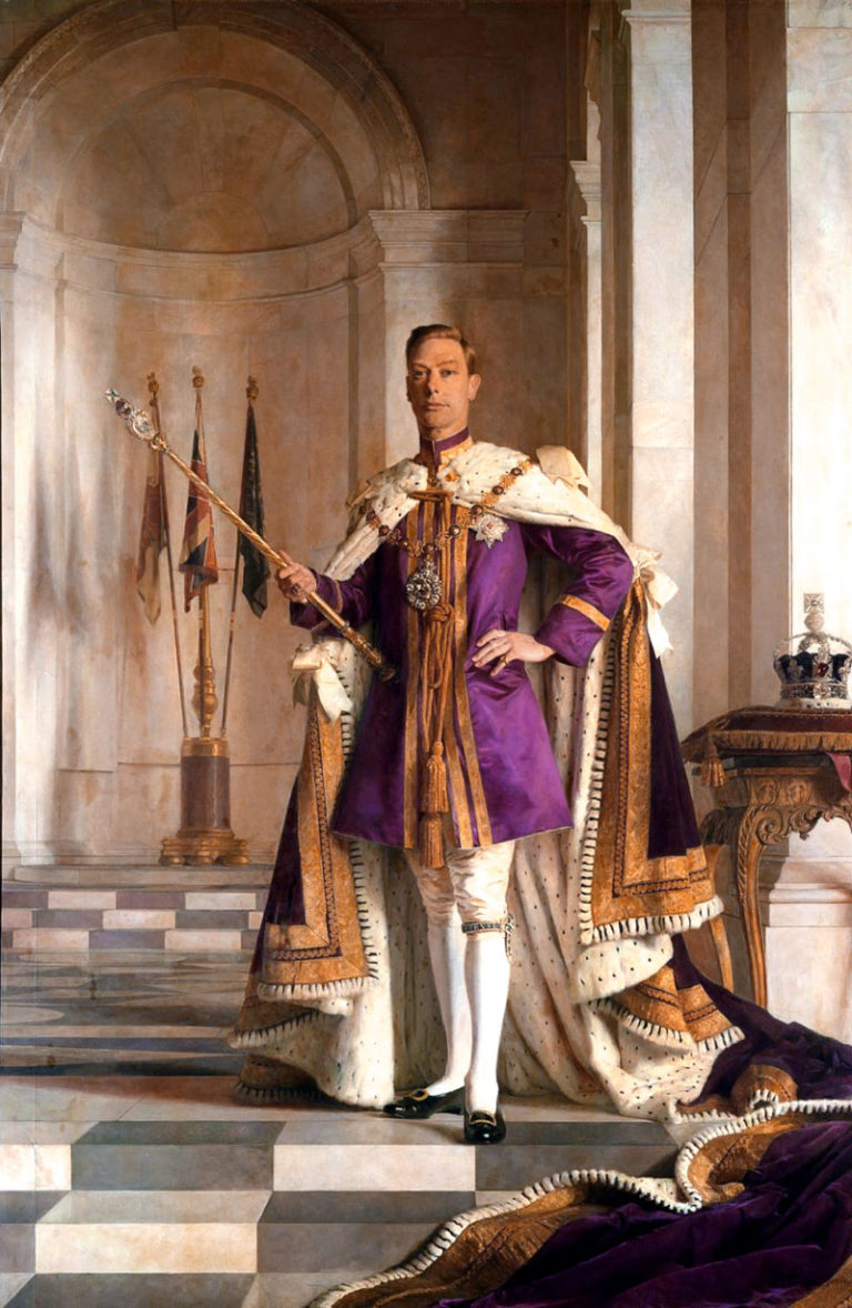 Král George VI. (1895-1952) na dobovém oficiálním portrétu. Britská královská rodina však nosí různé odstíny purpurové při slavnostních událostech dodnes.