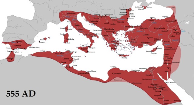 Vrcholná rozloha východořímské (byzantské říše) v roce 555 (commons.wikimedia.org)