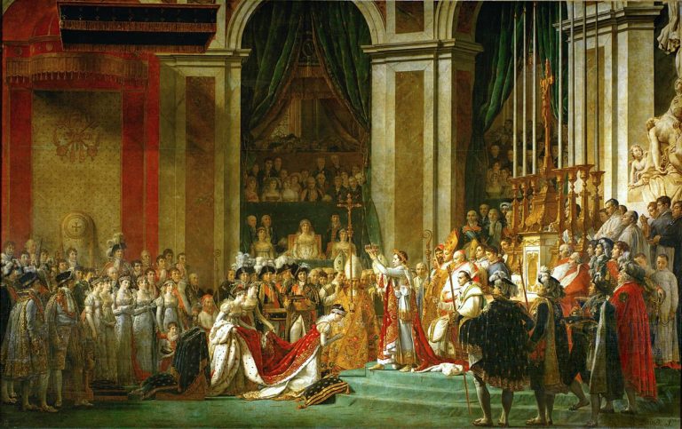 Malba Napoleonovy korunovace od slavného malíře Jacquese-Louise Davida.