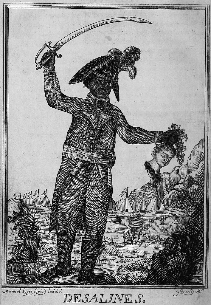 Vůdce otrockého povstání Jean-Jacques Dessalines s useknutou hlavou bílé ženy.