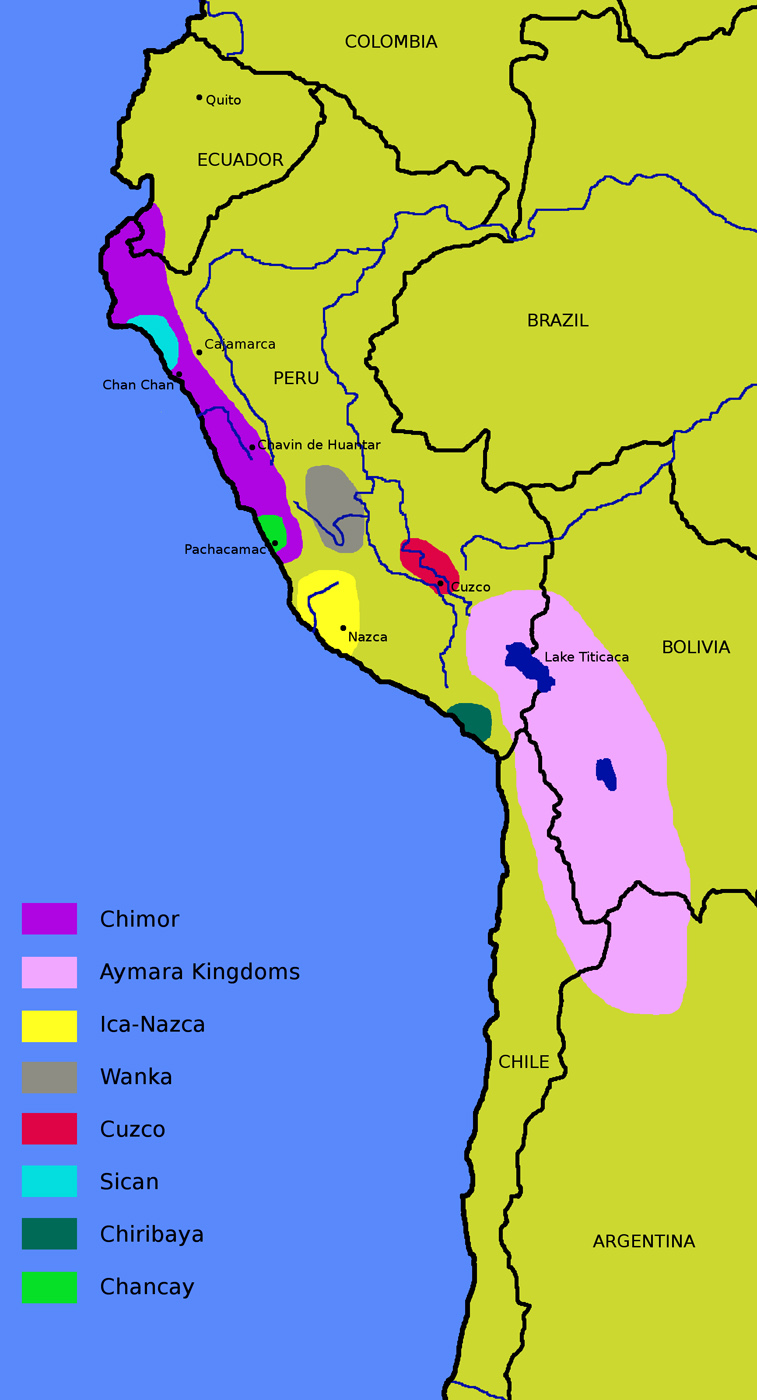 Andské civilizace. Oblast, kde žili Chimúové je znázorněna fialově. Zdroj foto: Wikimedia Commons