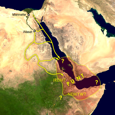 Cesty, kterými starověcí Egypťané pravděpodobně dostávali do bájné země a její odhadovaná poloha.