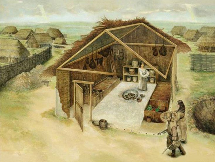 Vnitřek neolitické chatrče je zařízen velmi jednoduše.