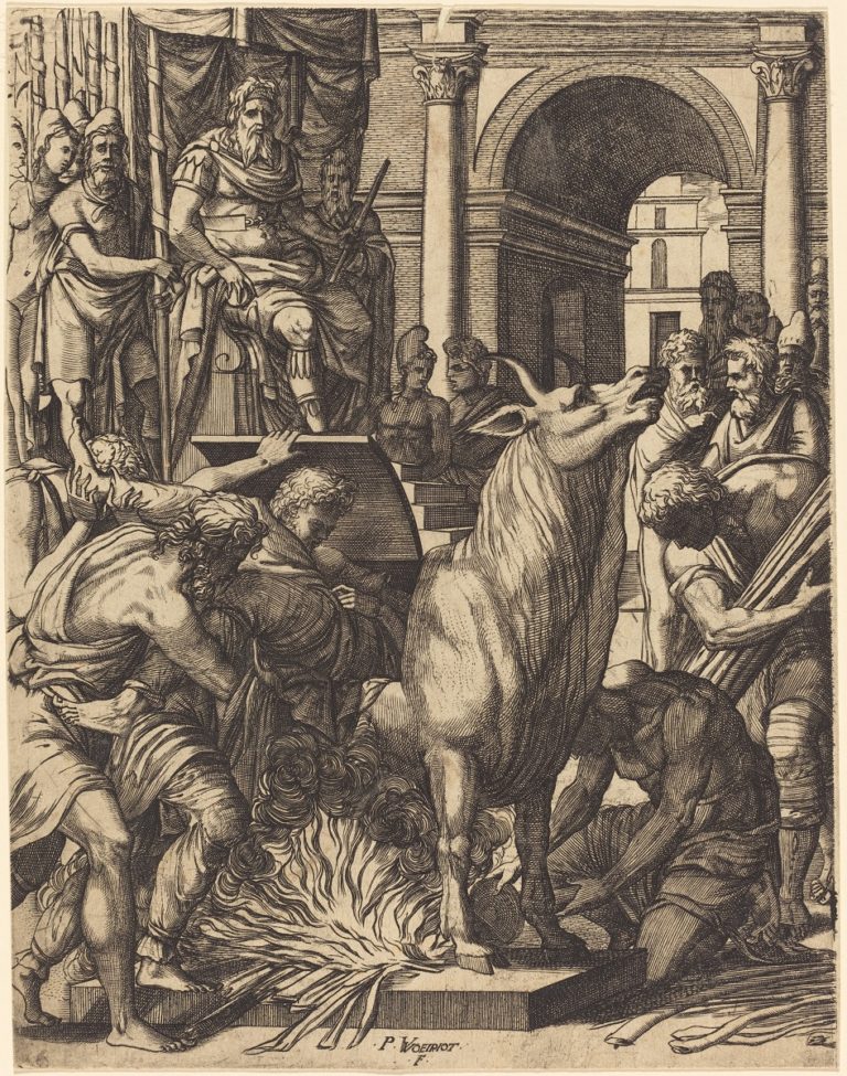 Falaris přikáže Perillovi, aby do býka sám vlezl.