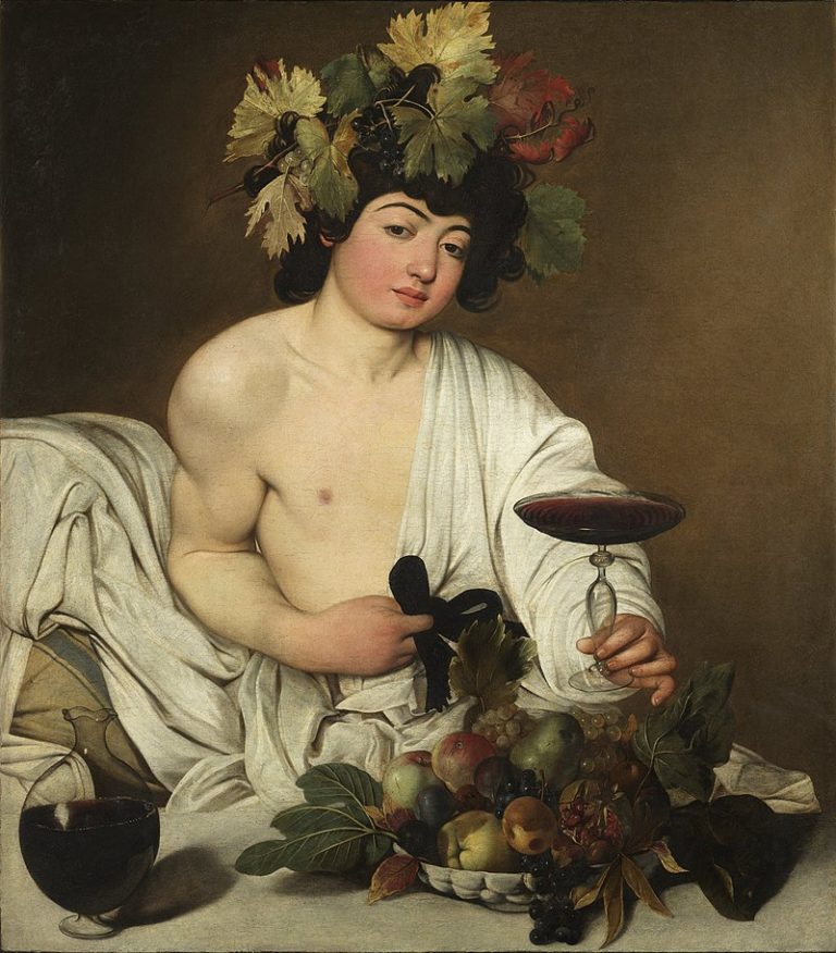 Dionýsos, nebo také Bakchus, preferuje víno a veselí. Foto: Wikipedia.org, Caravaggio, Uffizi, Public Domain
