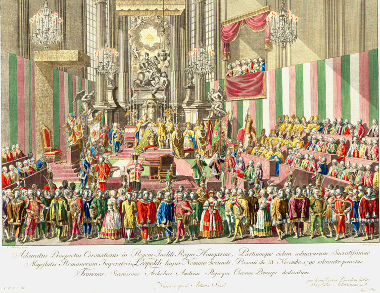 Leopoldova maďarská korunovace. Po ní následuje také česká. FOTO: Schütz, Carl, 1745-1800 (malíř), Mansfield, J. (rytec), Mansfield, Sebastian (rytec)/Creative Commons/Public domain