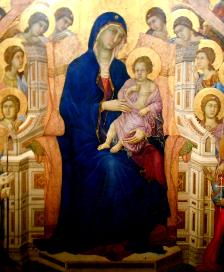 Dosud nezvyklou růžovou oblékne Ježíš na Ducciově obraze z roku 1311. Foto: Carlo Raso / Creative Commons / CC PDM 1.0.