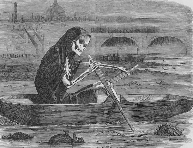 Ve vodách Temže se to hemží zvířecími i lidskými mrtvolami, smrt je cítit celým městem. (Foto: Punch Magazine / Creative Commons)