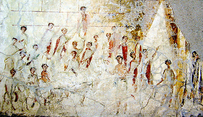 Freska z budovy nedaleko Pompejí je vzácným vyobrazením Římanů, majících na sobě togu praetexta a pochází z období raného císařství. (Foto: autor neznámý / en.wikipedia.org / volné dílo)