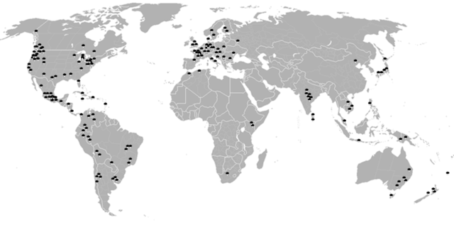 Mapa rozšíření lysohlávek po světě (Foto: Pastelitodepapa / commons.wikimedia.org / CC0)