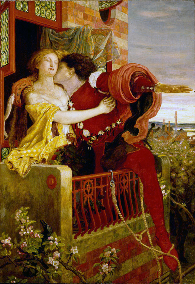 Balkonová scéna je patří k nejznámějším momentům slavné hry. Až na to, že Shakespeare o žádném balkonu nepsal. (Ford Madox Brown, volné dílo, commons.wikimedia)