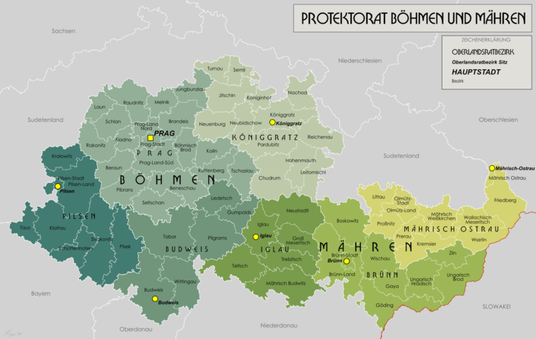 Mapa Protektorátu Čechy a Morava. Češi se ocitají pod kontrolou Němců. FOTO: XrysD/Creative Commons/CC BY-SA 3.0
