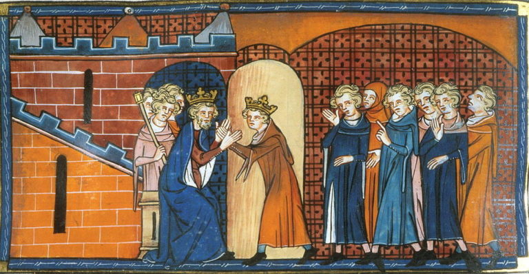 Artur I. Bretaňský holduje francouzskému králi Filipovi II. Augustovi. FOTO: Chroniques de Saint-Denis/Creative Commons/Public domain