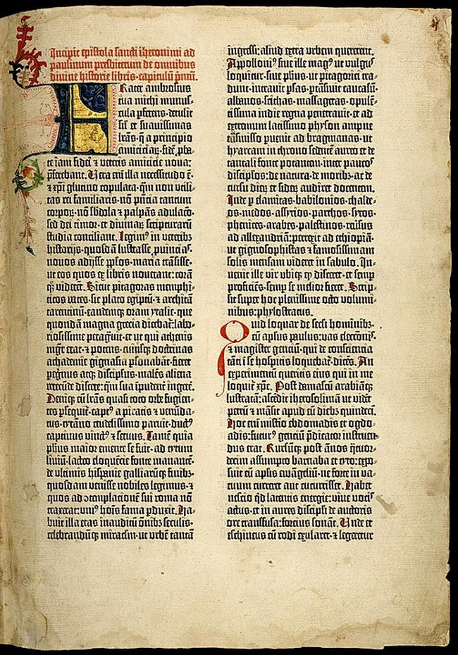 Detail bohaté výzdoby jednotlivých stran Gutenbergovy bible(Foto: neznámý autor / commons.wikimedia.org / volné dílo)