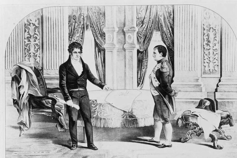 Když zrovna není na válečném tažení, najde si Napoleon I. Bonaparte čas i na diskuse o moderních novinkách. S Robertem Fulton hovoří o vynálezu parníku. FOTO: picryl