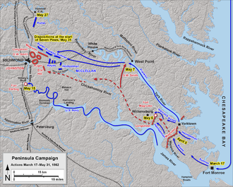Mapa událostí až do bitvy u Seven Pines . Magruder držel Warwickovu linii až do příjezdu generála Johnstona 17. dubna 1862. FOTO: Map by Hal Jespersen, www.cwmaps.com/Creative Commons/CC BY 3.0