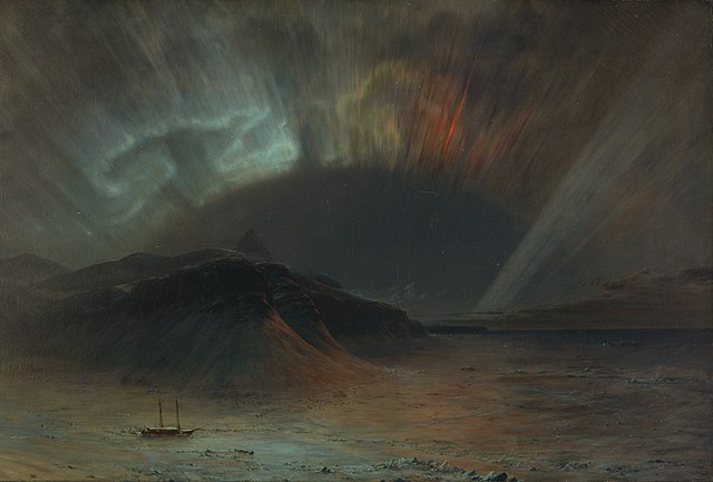 Obraz Aurora borealis zachycuje polární záři v arktické oblasti a v roce 1865 ho namaloval americký malíř Frederic Edwin Church (1826-1900). (Foto: Smithsonian American Art Museum / commons.wikimedia.org / volné dílo)